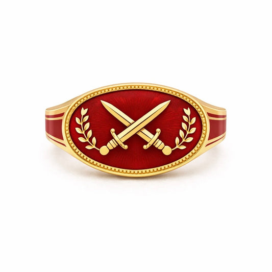 Courage : Crossed Swords Cartouche Enamel Gold Signet Ring