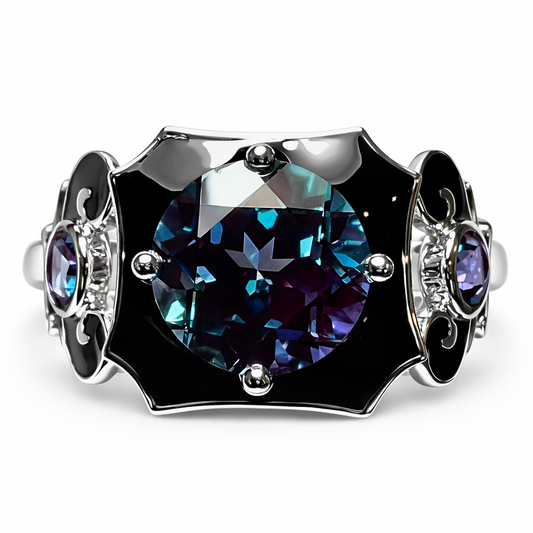London Nocturne : Color Change Alexandrite and Black Agate Ring