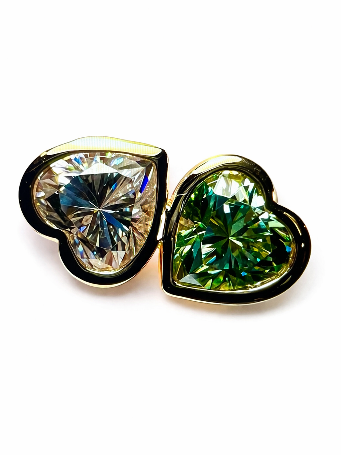 Two Hearts : Lab Grown Diamond and Emerald Toi et Moi Heart Ring in Gold