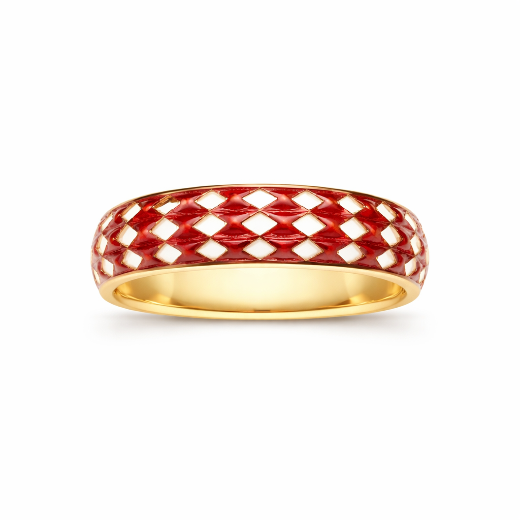 The Harlequin Rouge Band : 5mm Red & White Enamel Solid Gold Ring