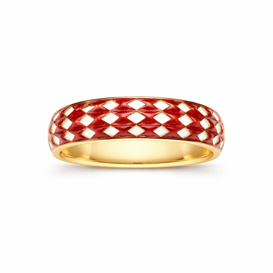 The Harlequin Rouge Band : 5mm Red & White Enamel Solid Gold Ring