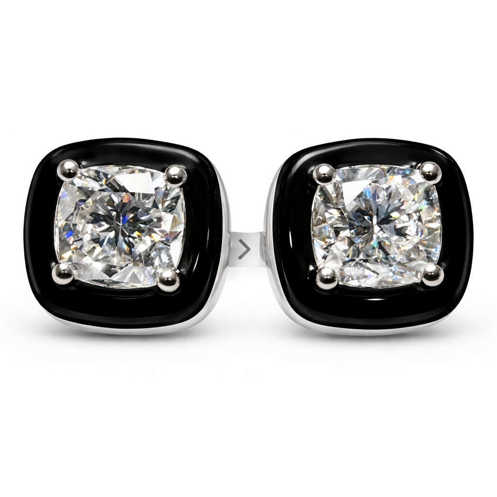 Chiaroscuro Black Agate Diamond Stud Earrings : Cushion Lab Grown Diamonds
