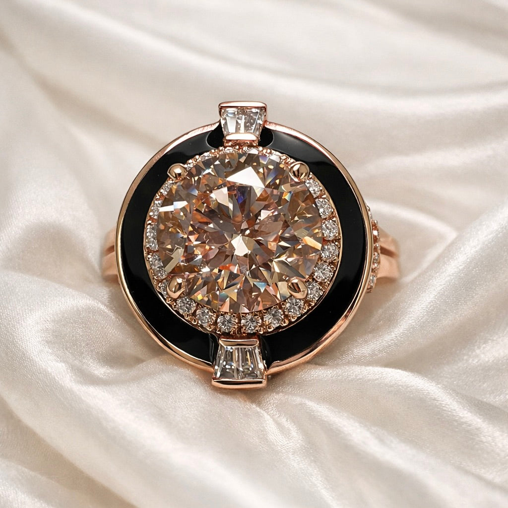 The Axis Noir : 4 Carat Fancy Intense Pink Lab Grown Diamond Black Agate Halo Ring
