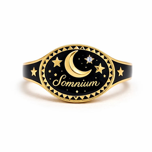 Dreams : Celestial Star Cartouche Enamel Gold Signet Ring