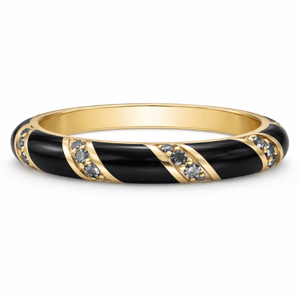 Midnight Riviera Band : 3mm Black Agate & Grey Diamond Solid Gold Ring