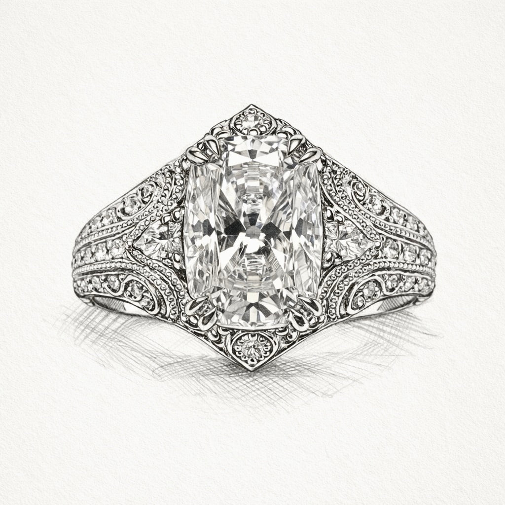 The Veiled Radiance : 3 Carat Elongated Cushion Cut Lab Grown Diamond Engagement Ring