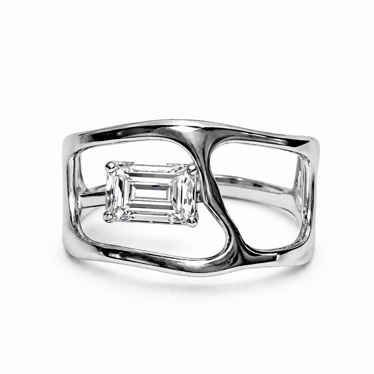 Negative Form: 2.5 Carat Emerald Cut Lab Grown Diamond Sculptural Openwork Engagement Ring