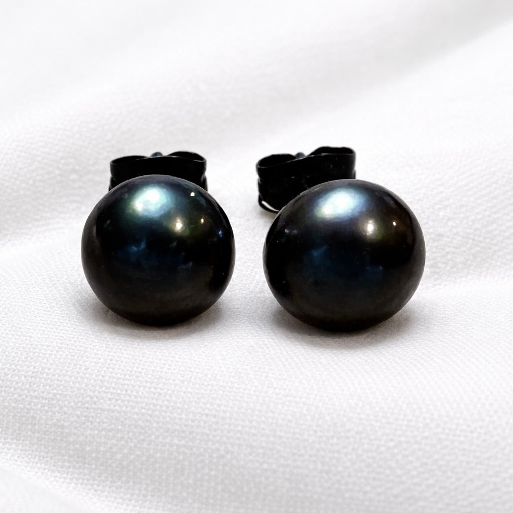 Tahitian Black Pearl  : Black Gold Black Tahitian Pearl Stud Earrings