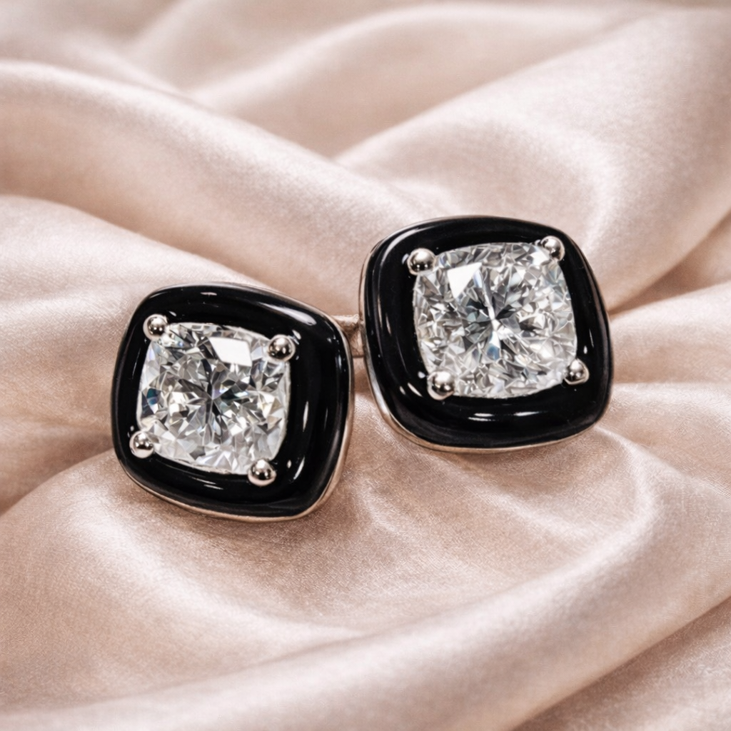 Chiaroscuro Black Agate Diamond Stud Earrings : Cushion Lab Grown Diamonds