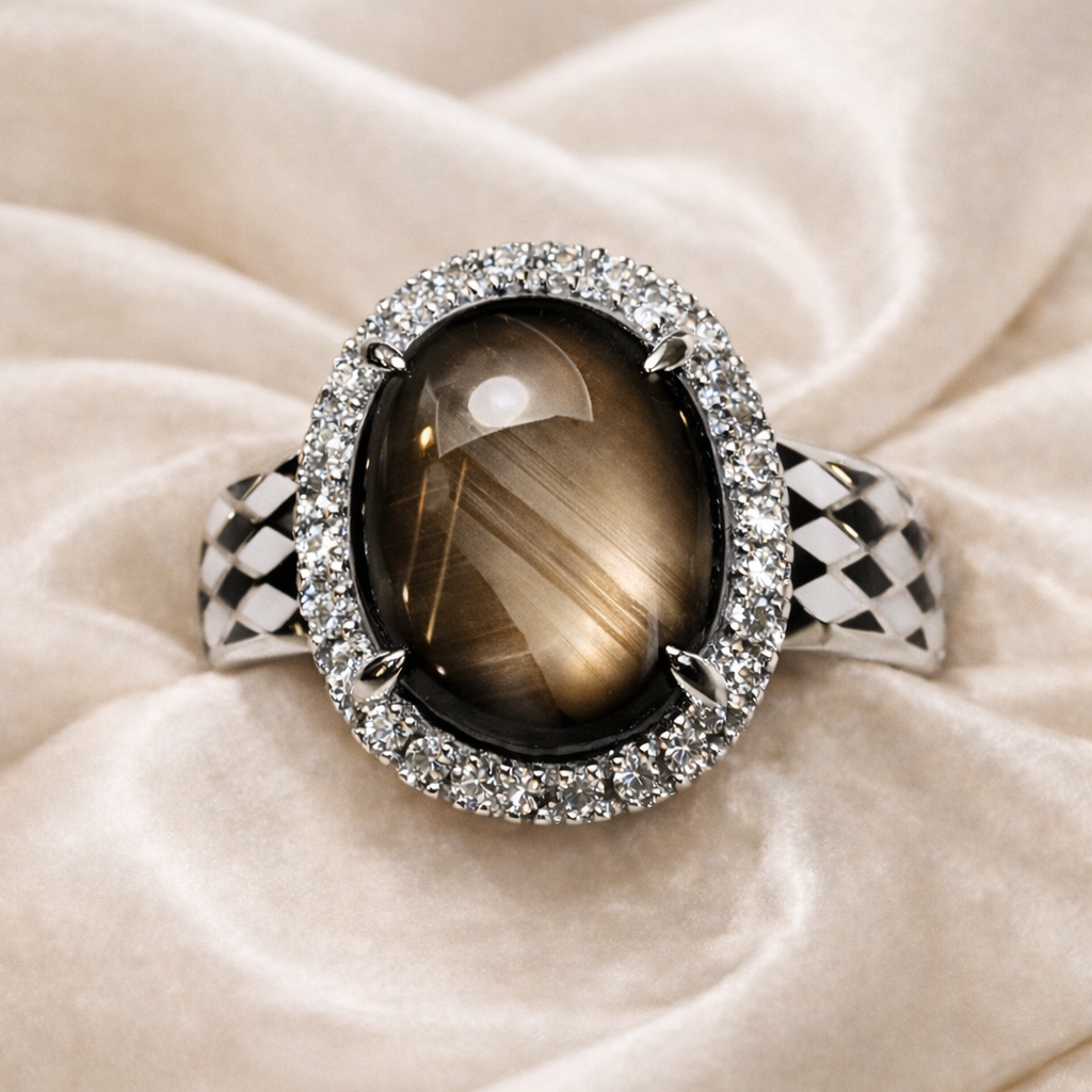 The Night Compass Ring : Natural Black Star Sapphire Halo Ring