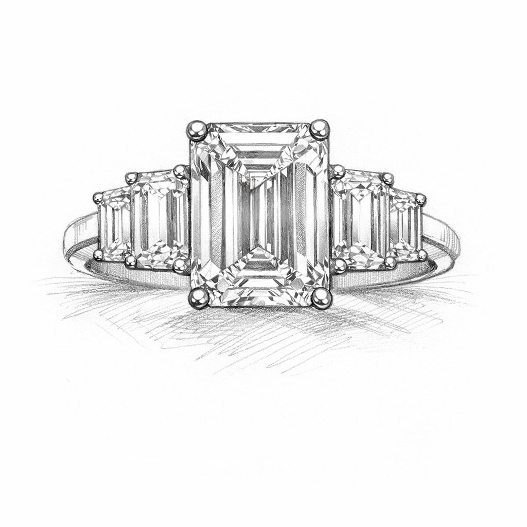 Beaumont : 3.5 Carat Emerald Cut Lab Grown Diamond with Baguette Side Stones