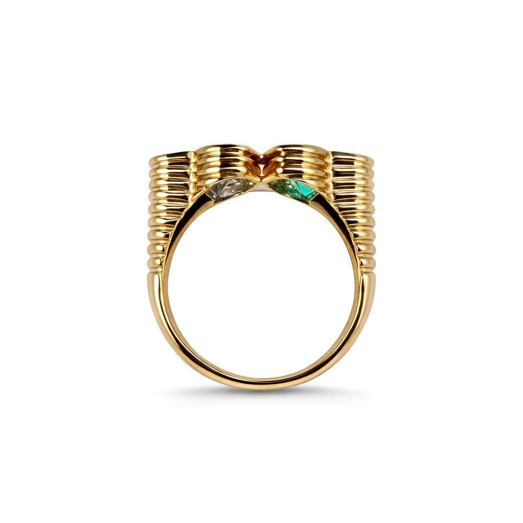 Two Hearts : Lab Grown Diamond and Green Pariaba Toi et Moi Heart Ring in Gold