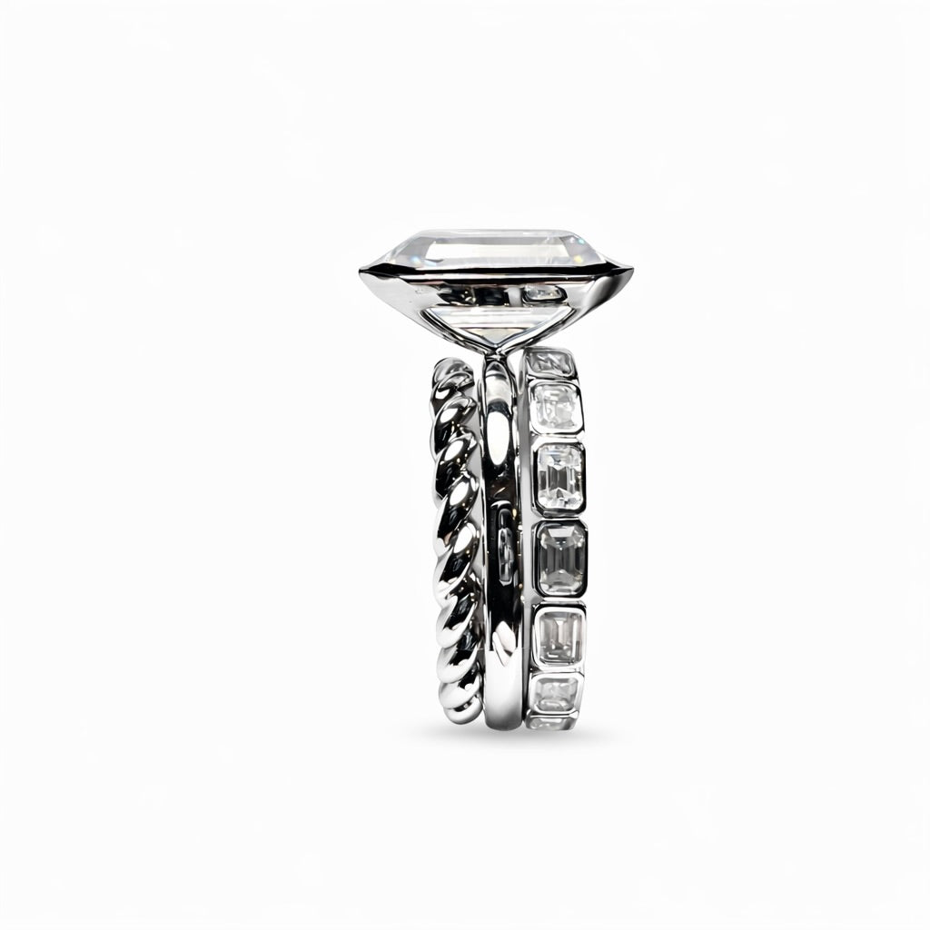 Noire' Deco Ring : 3 Carat Emerald Cut Lab Grown Diamond Black Agate Bridal Set