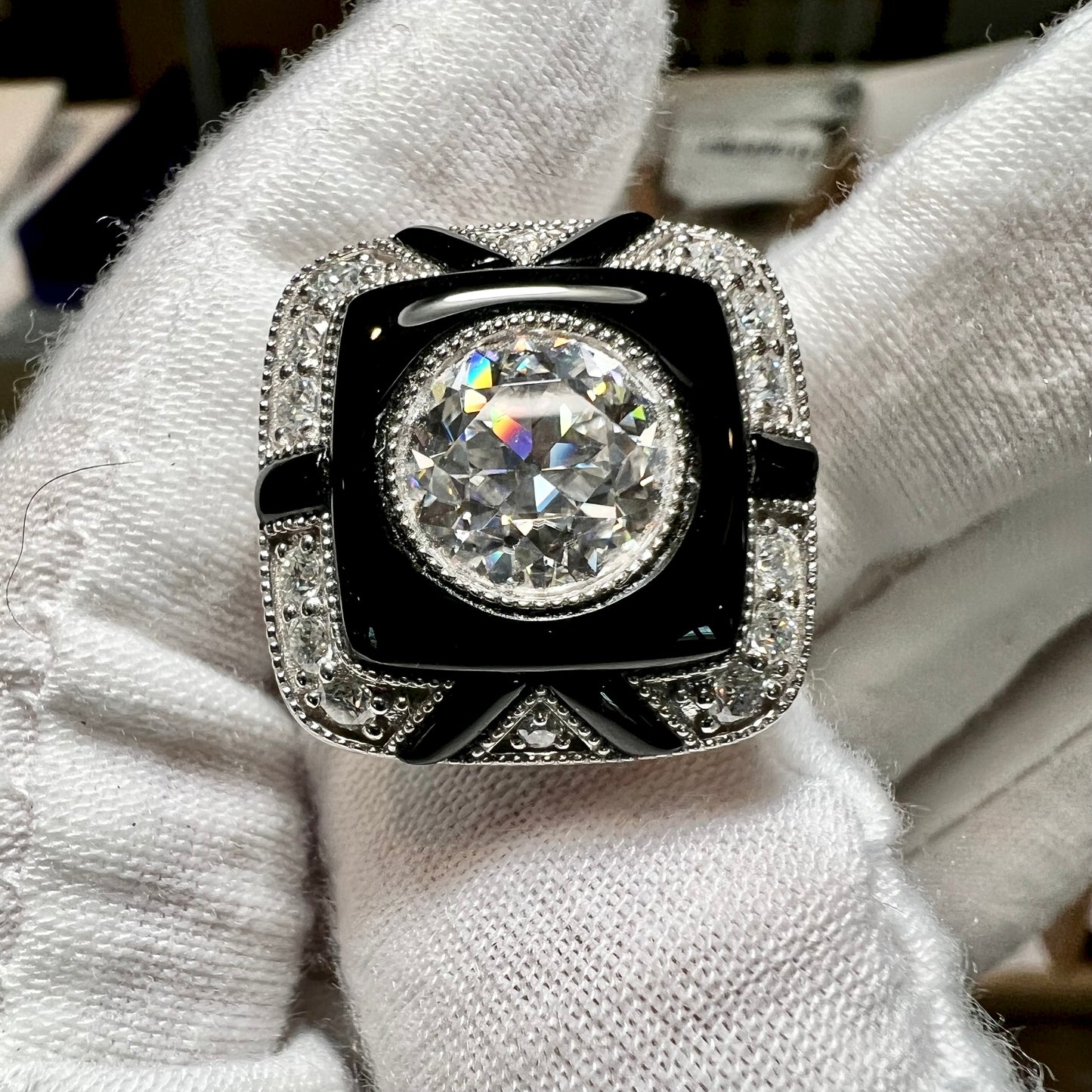 The Noir Halo : 3 Carat Round Lab Grown Diamond Black Agate Halo Ring