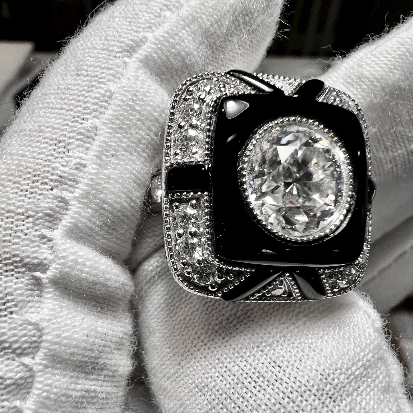 The Noir Halo : 3 Carat Round Lab Grown Diamond Black Agate Halo Ring