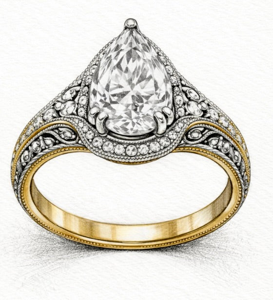 The Filigree Sigil : 3 Carat Pear Cut Lab Grown Diamond Engagement Ring