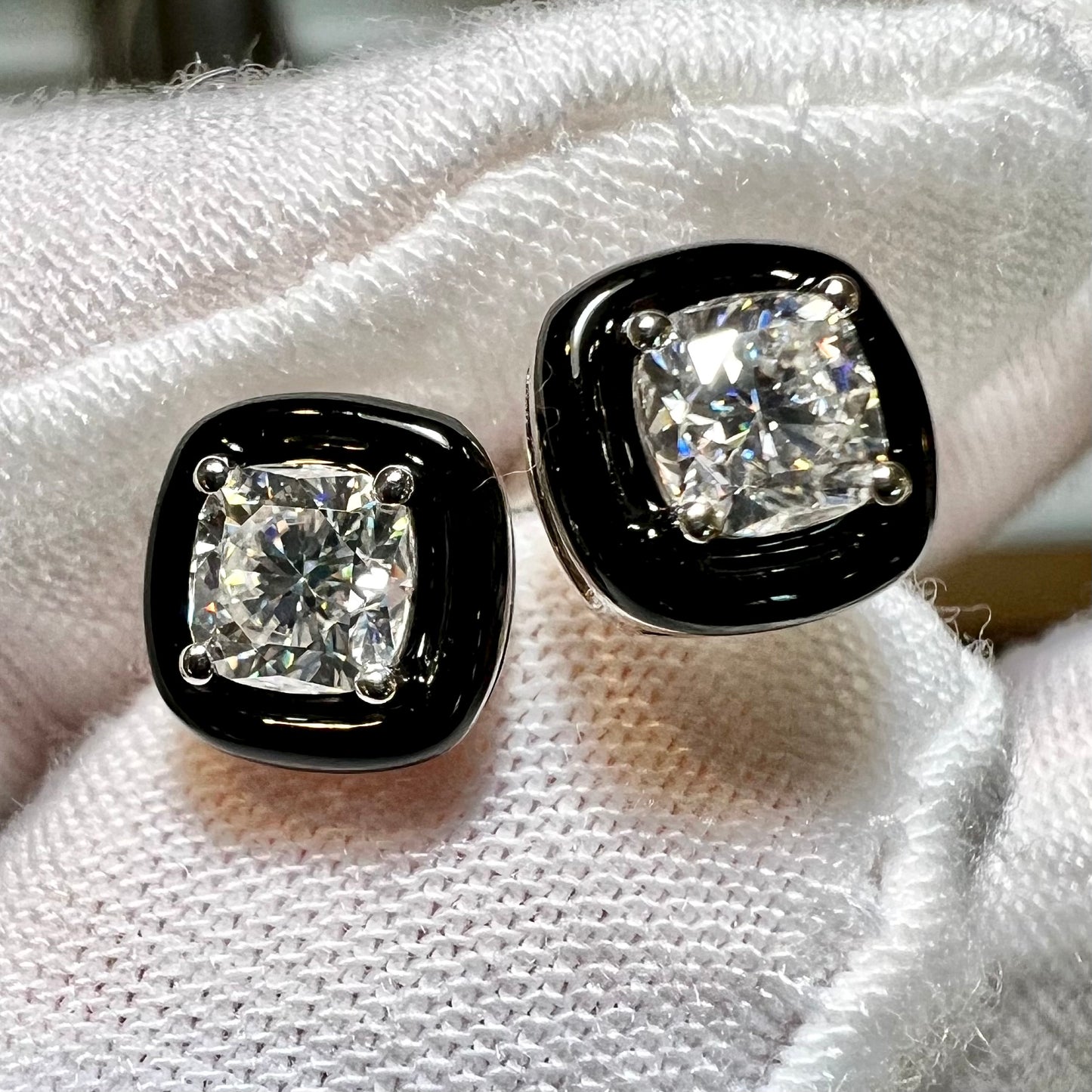 Chiaroscuro Black Agate Diamond Stud Earrings : Cushion Lab Grown Diamonds