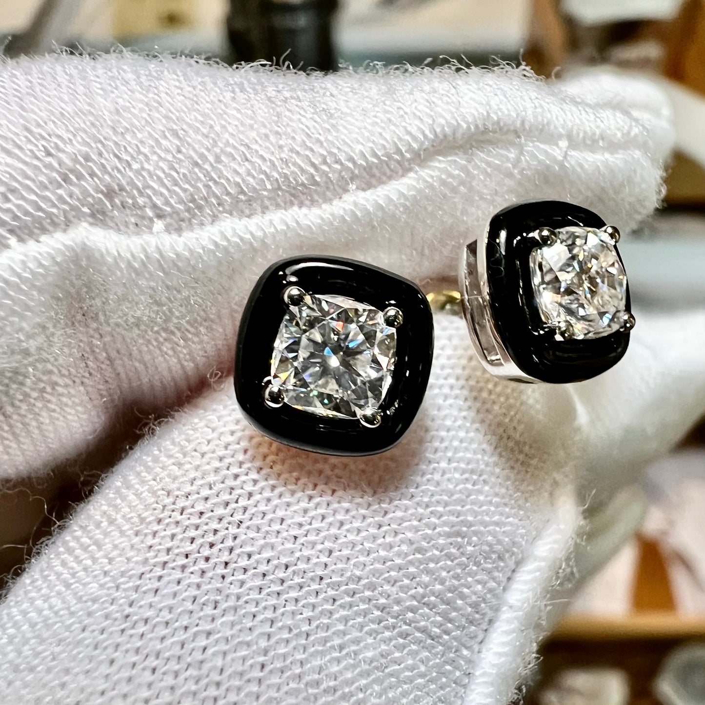 Chiaroscuro Black Agate Diamond Stud Earrings : Cushion Lab Grown Diamonds