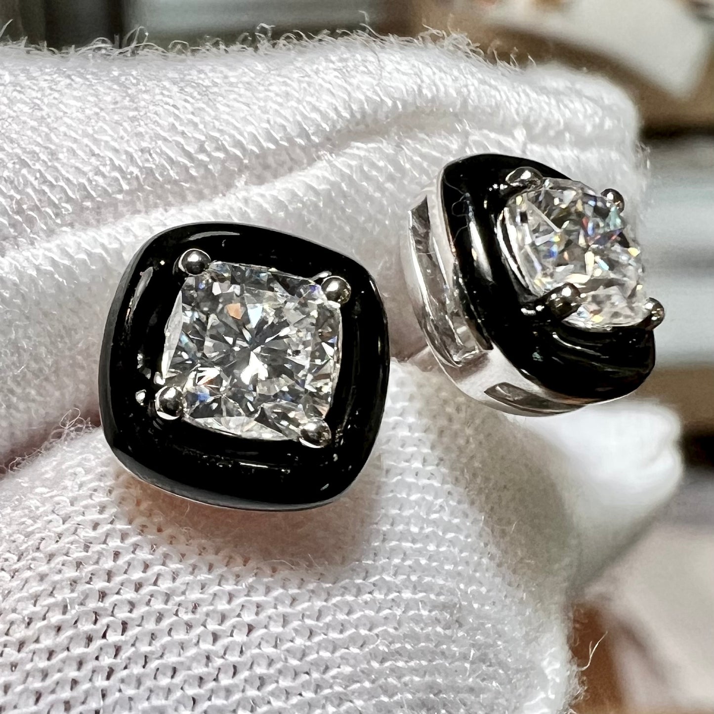 Chiaroscuro Black Agate Diamond Stud Earrings : Cushion Lab Grown Diamonds