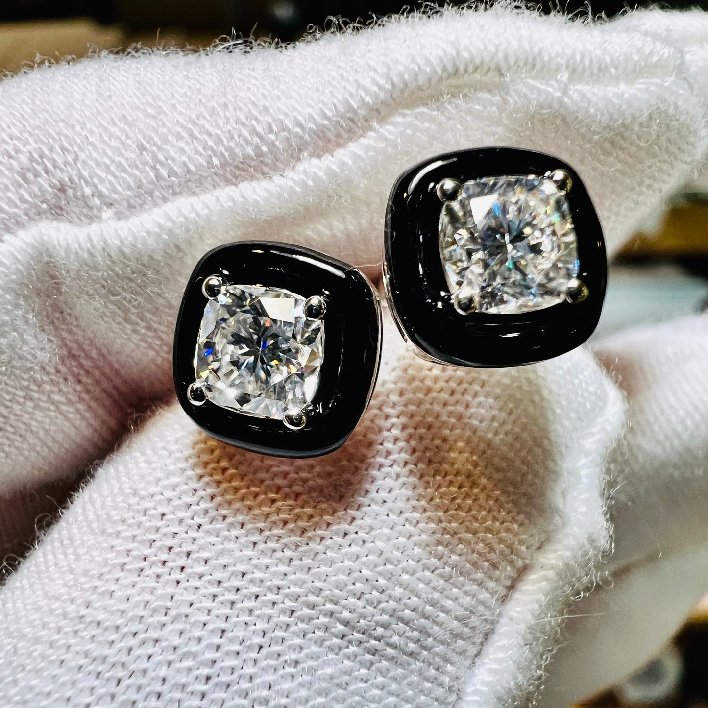 Chiaroscuro Black Agate Diamond Stud Earrings : Cushion Lab Grown Diamonds