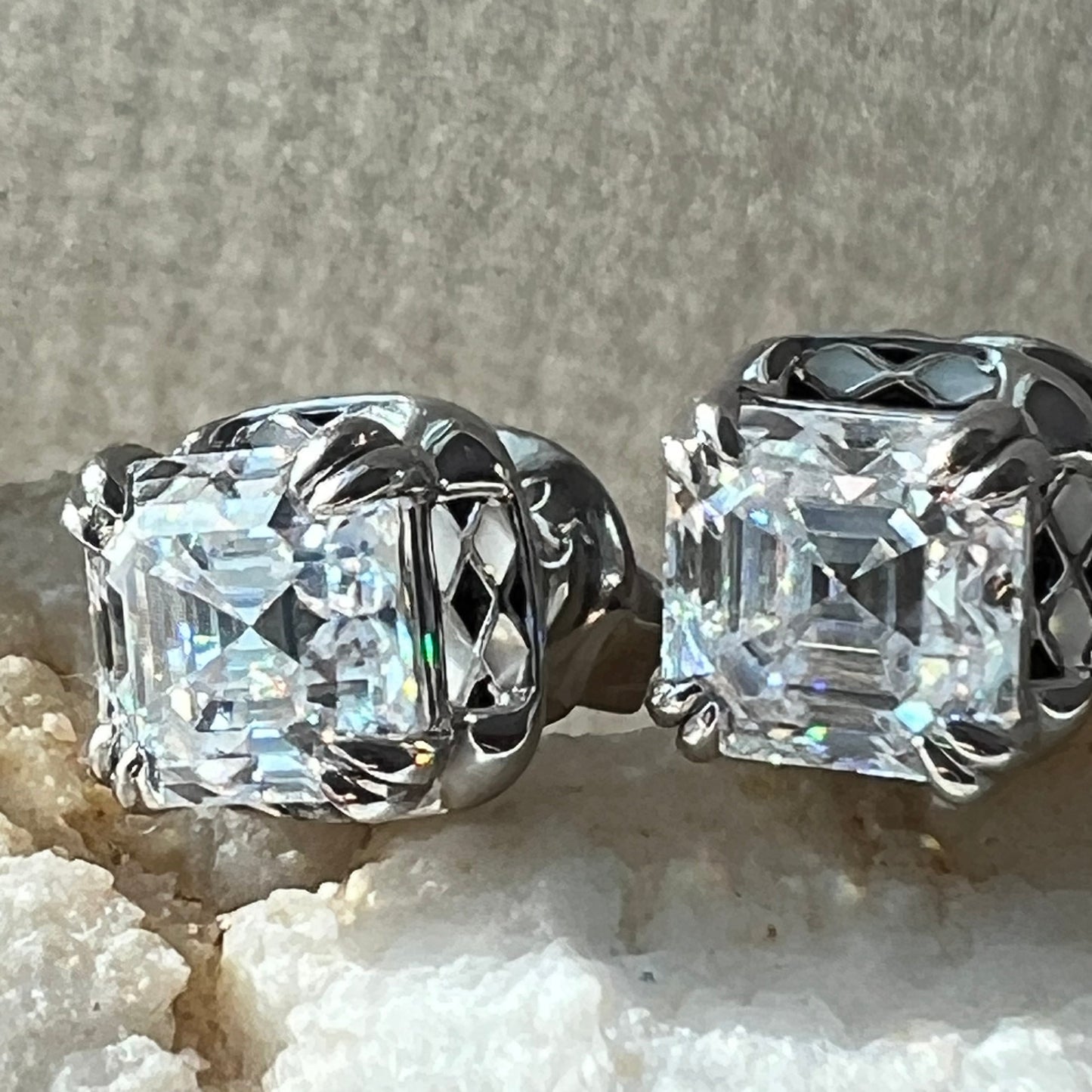 Asscher Cut Checkerboard Diamond Stud Earrings