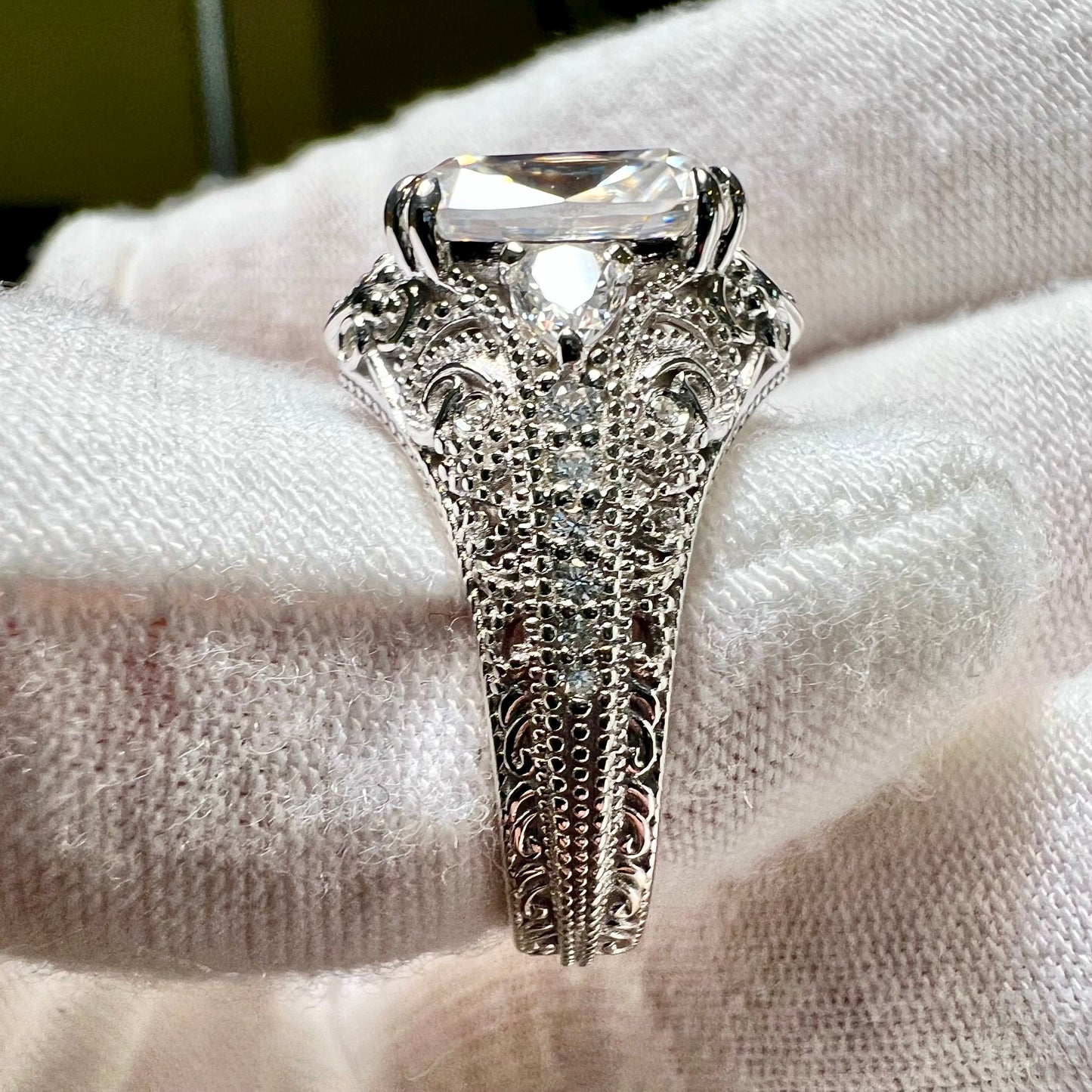 The Veiled Radiance : 3 Carat Elongated Cushion Cut Lab Grown Diamond Engagement Ring