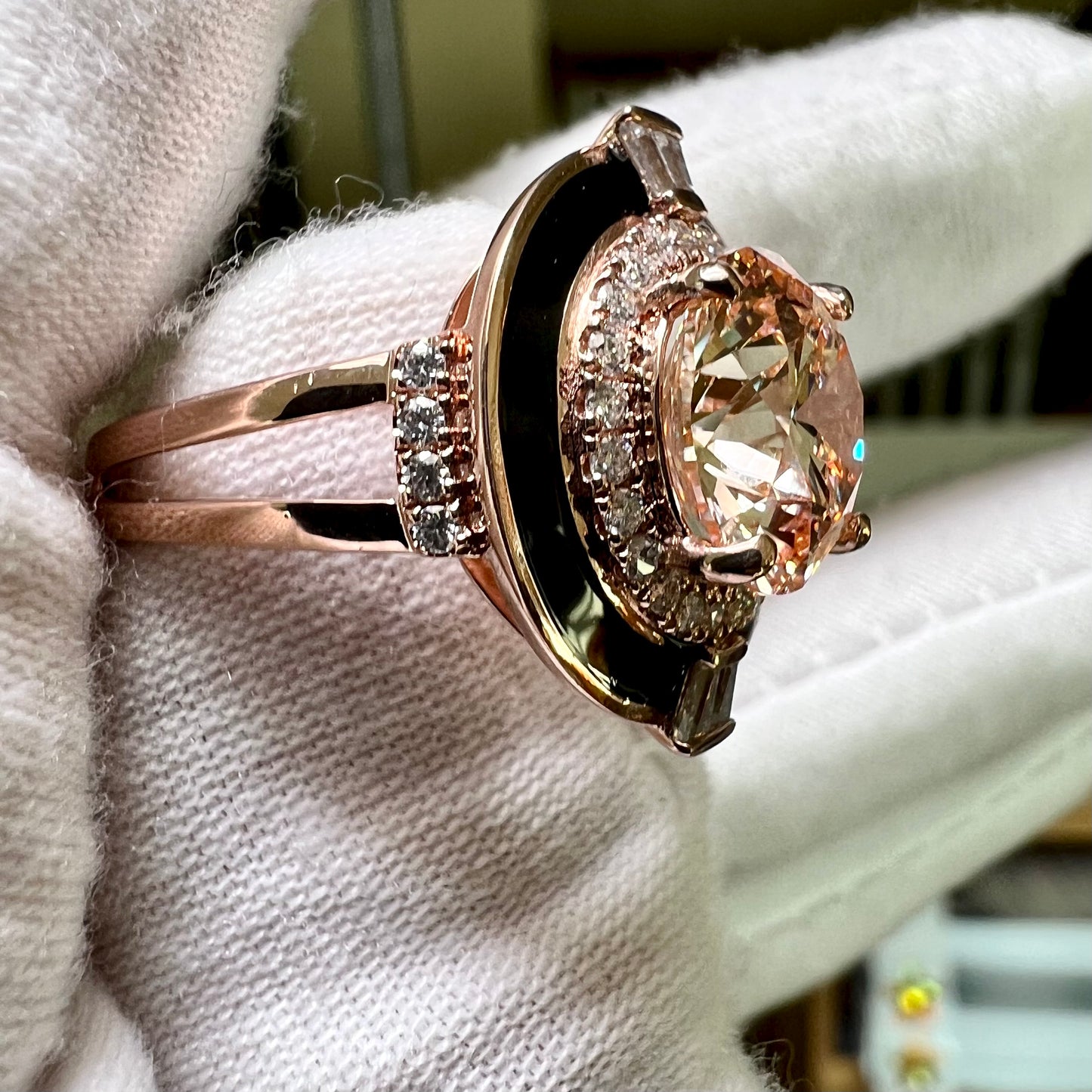 The Axis Noir : 4 Carat Fancy Intense Pink Lab Grown Diamond Black Agate Halo Ring
