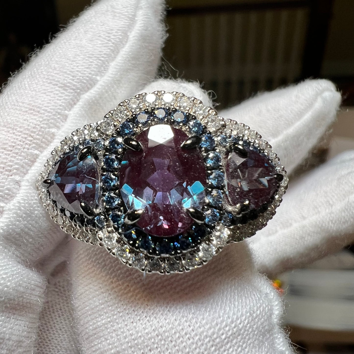 Chimera Alexandrite - 3 Carat Oval Lab Grown Alexandrite Three Stone Ring (No.VIII)