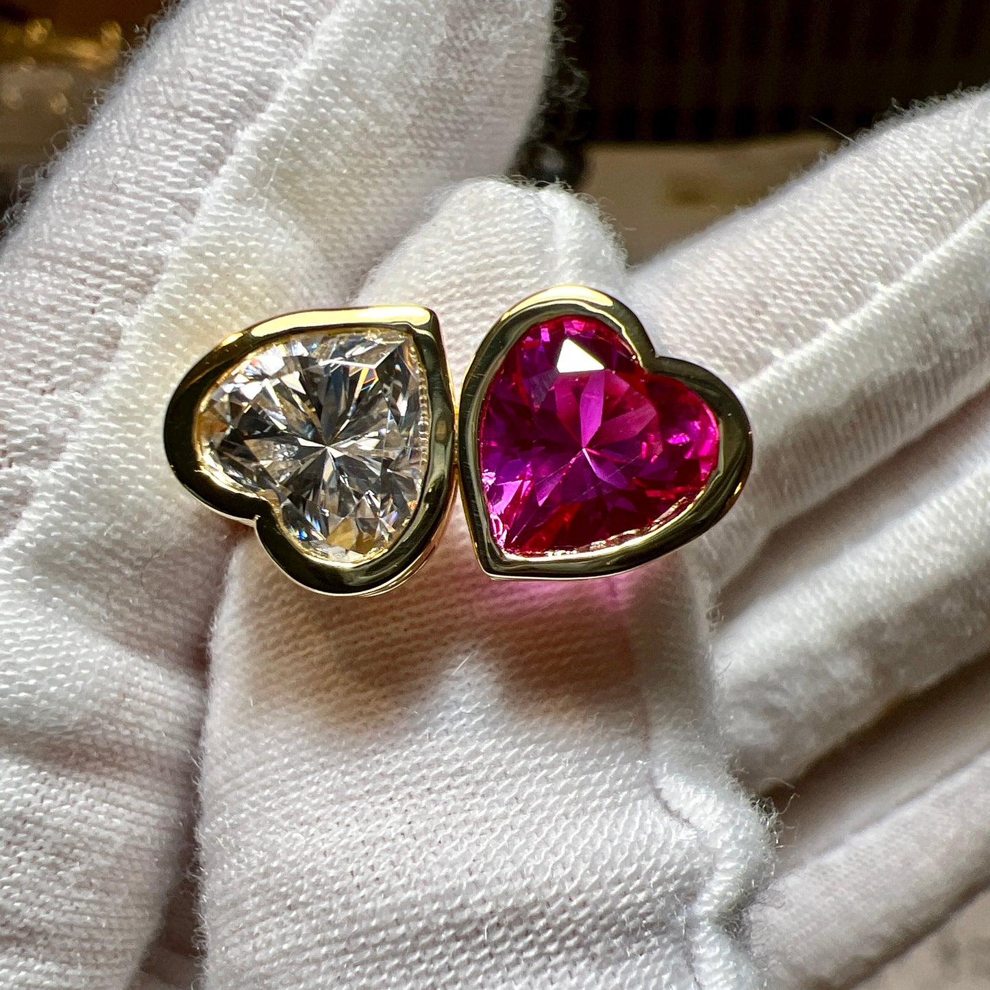 Two Hearts : Lab Grown Diamond and Pink Sapphire Toi et Moi Heart Ring in Gold