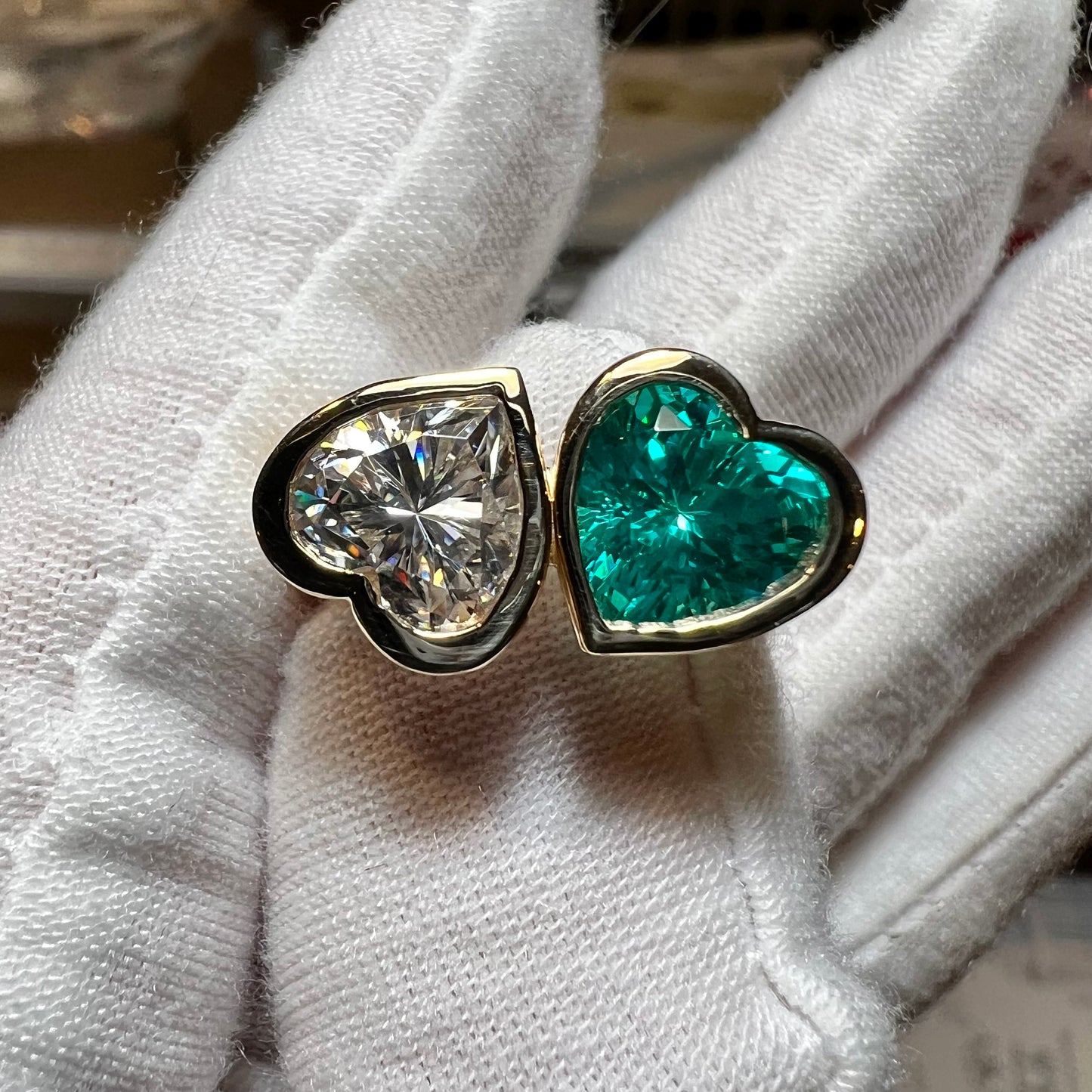 Two Hearts : Lab Grown Diamond and Green Pariaba Toi et Moi Heart Ring in Gold
