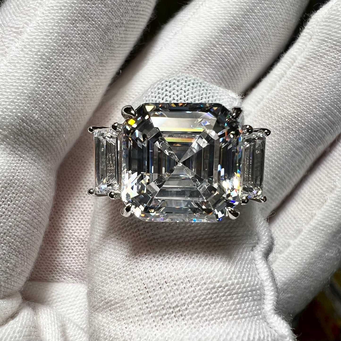Aurelia Asscher : 4 Carat Asscher Cut Lab Grown Diamond Three Stone Ring