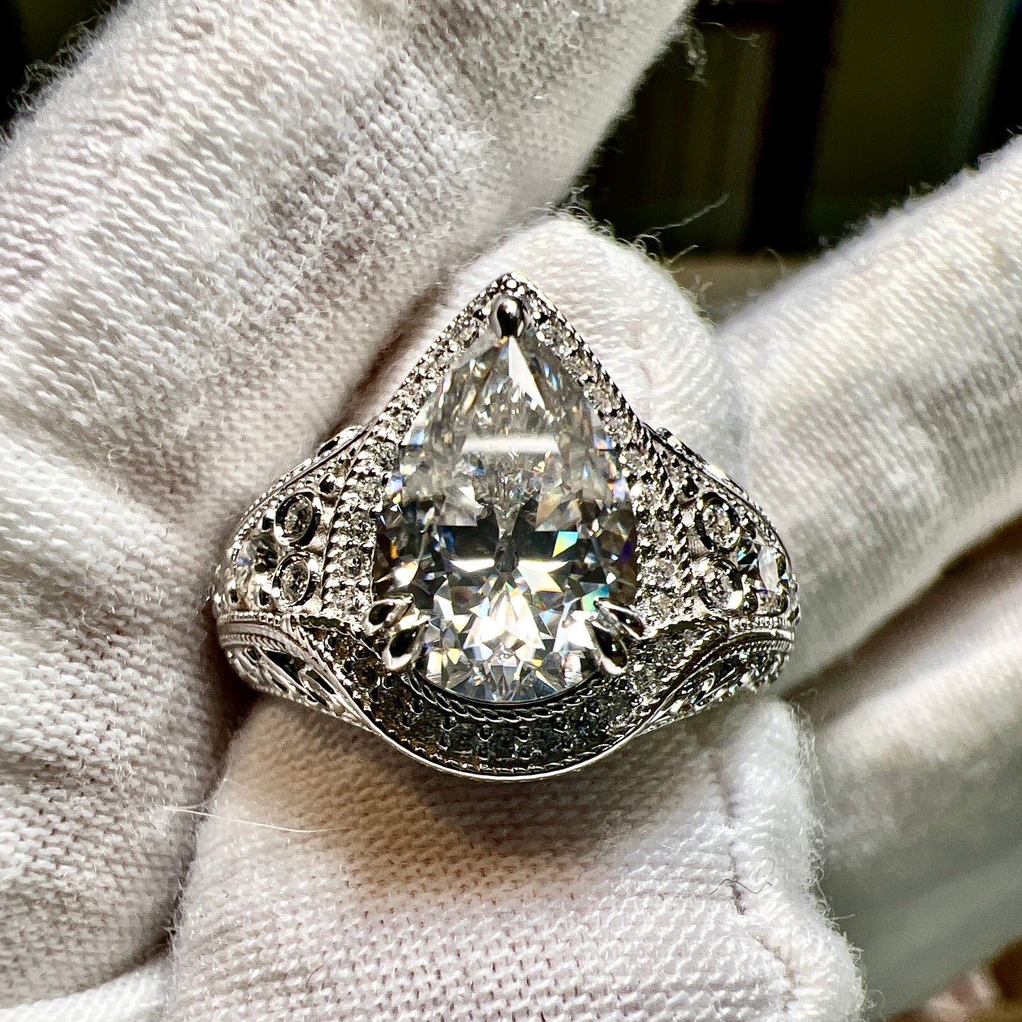 The Filigree Sigil : 3 Carat Pear Cut Lab Grown Diamond Engagement Ring