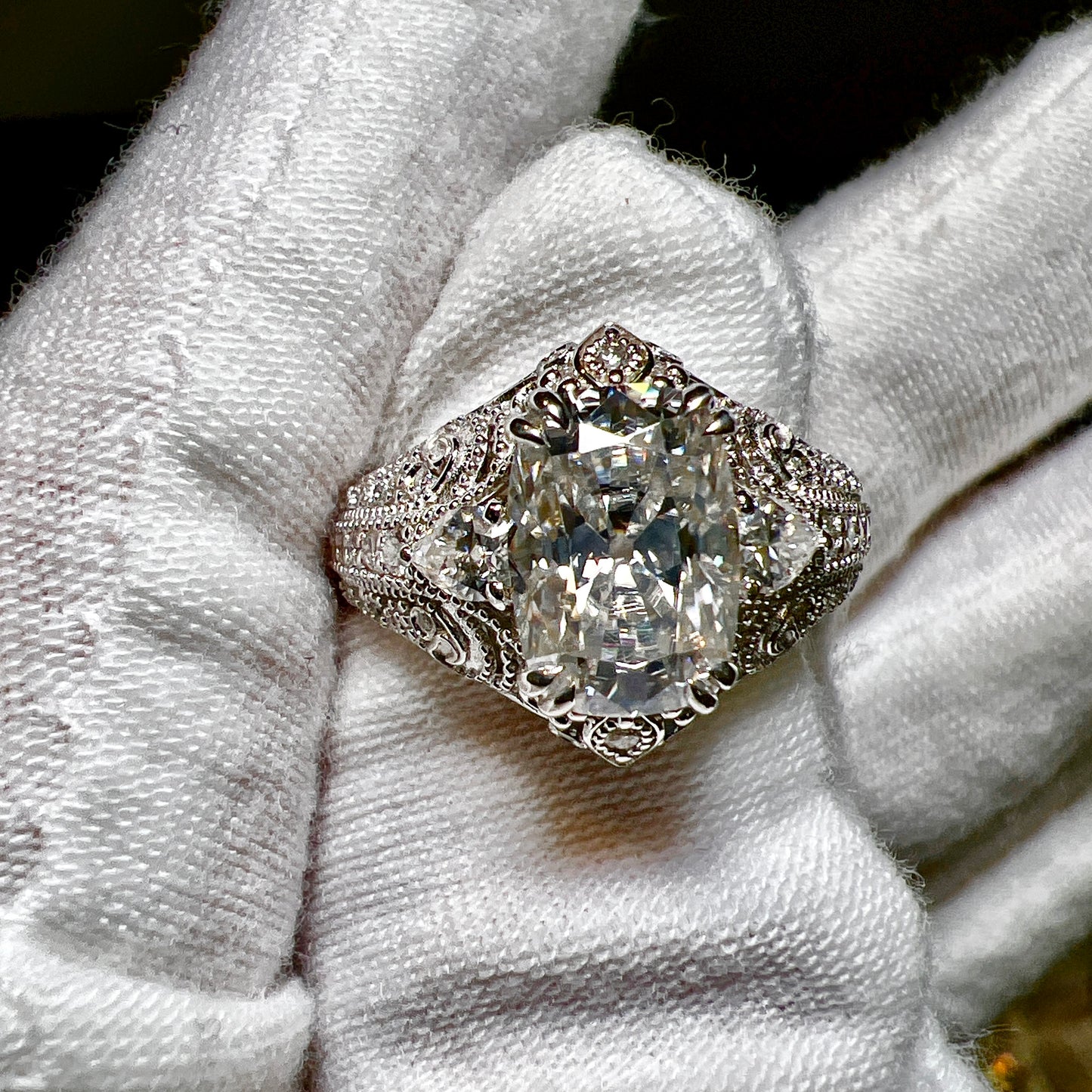 The Veiled Radiance : 3 Carat Elongated Cushion Cut Lab Grown Diamond Engagement Ring