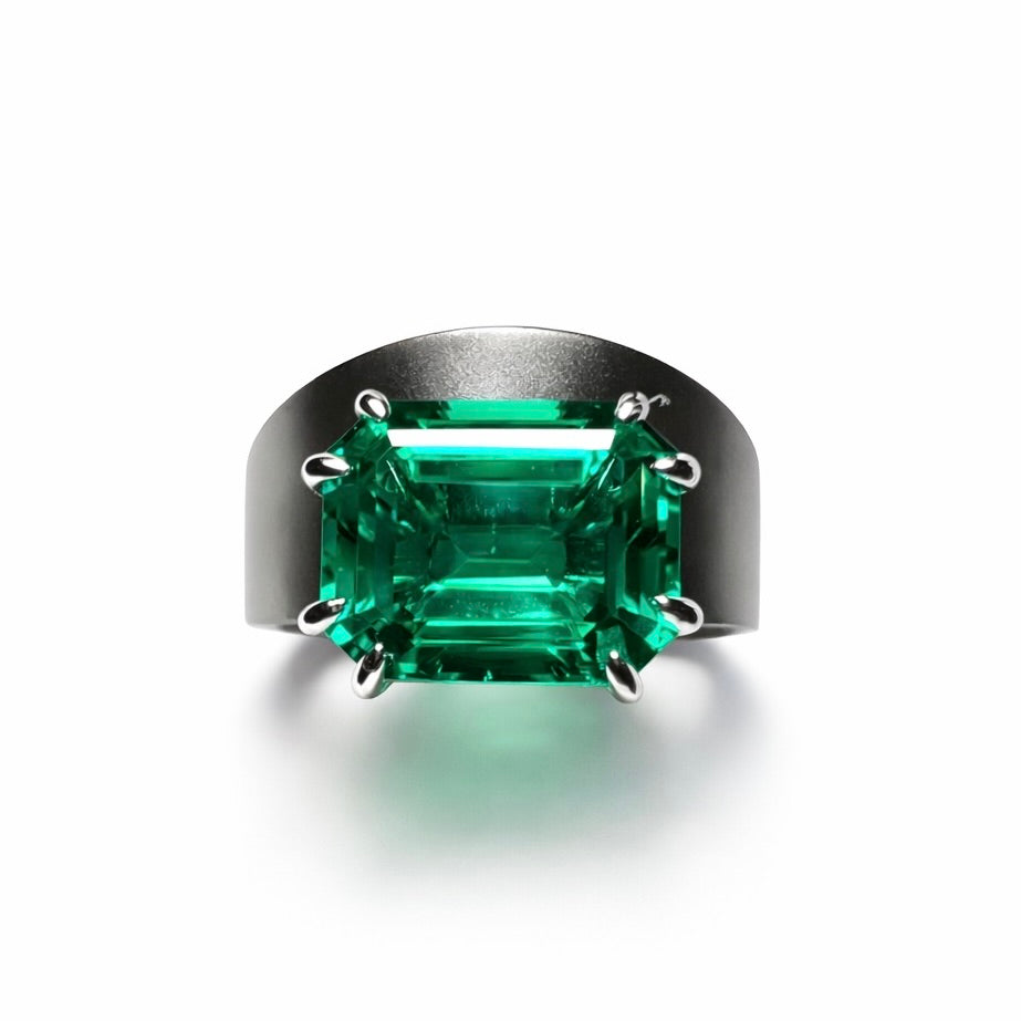 The Obsidian Emerald : 6 Carat Emerald Cut Lab Grown Emerald Ring (No.XIII)