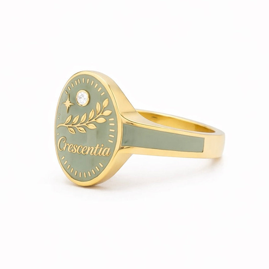 Growth : Laurel Cartouche Enamel Gold Signet Ring