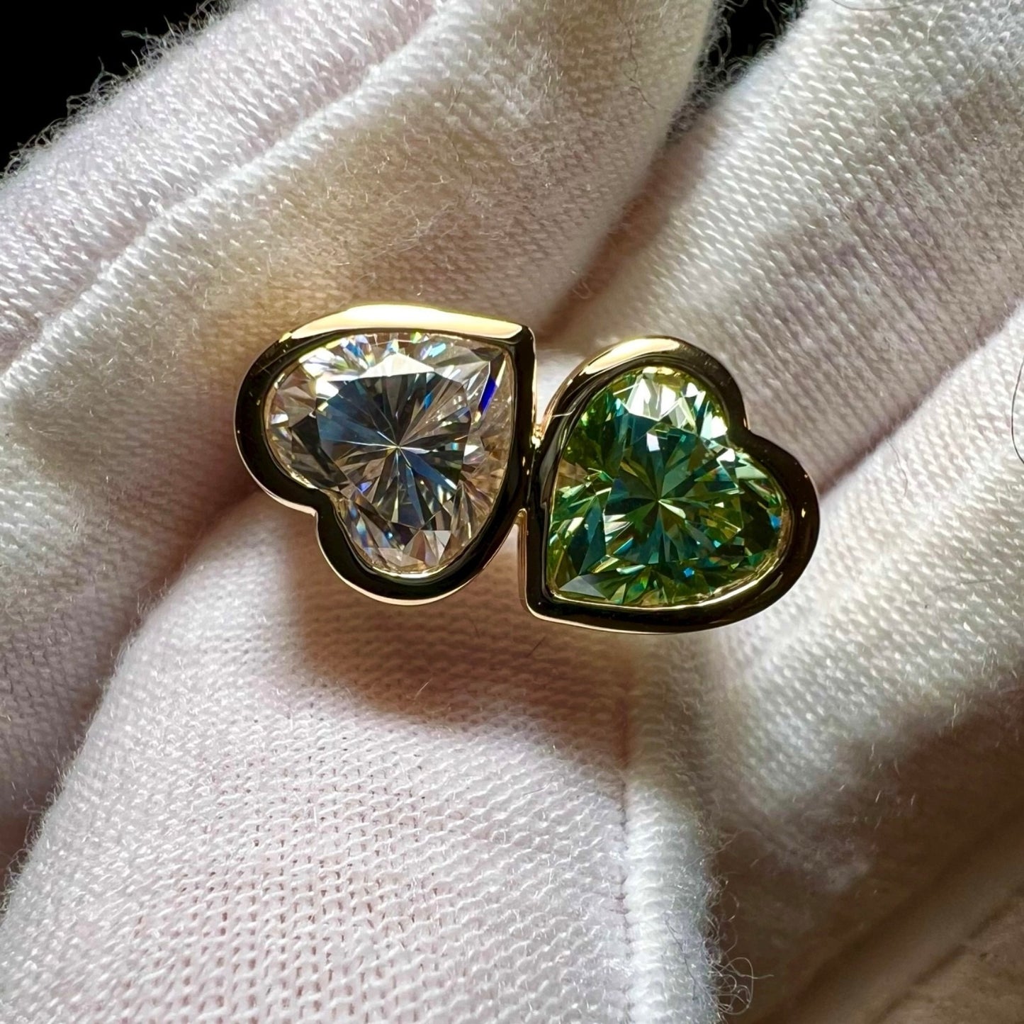 Two Hearts : Lab Grown Diamond and Emerald Toi et Moi Heart Ring in Gold